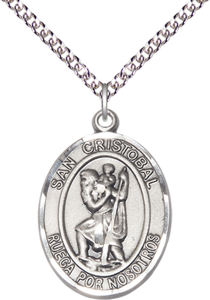 Sterling Silver San Cristobal Pendant on a 24 inch Sterling Silver Heavy Curb chain