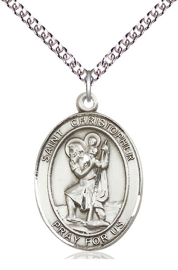 Sterling Silver Saint Christopher Pendant on a 24 inch Sterling Silver Heavy Curb chain