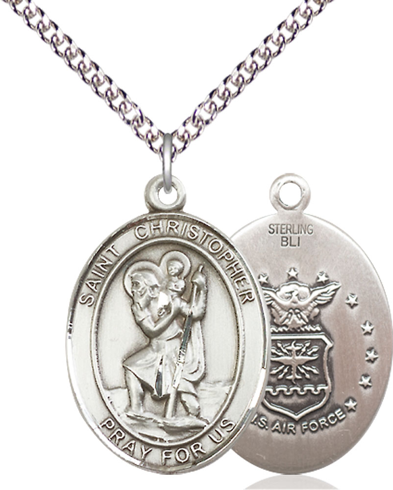 Sterling Silver Saint Christopher Air Force Pendant on a 24 inch Sterling Silver Heavy Curb chain