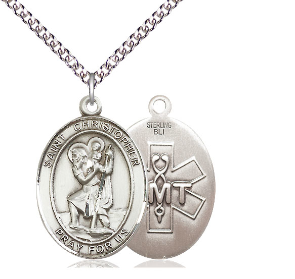 Sterling Silver Saint Christopher EMT Pendant on a 24 inch Sterling Silver Heavy Curb chain