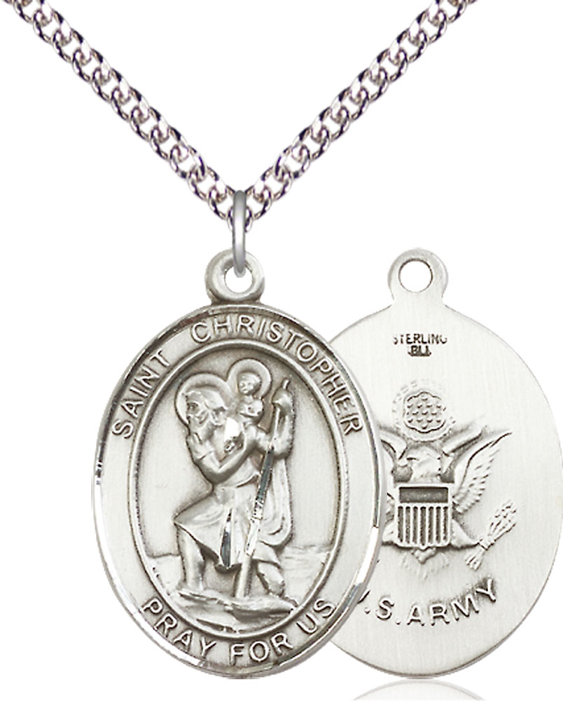 Sterling Silver Saint Christopher Army Pendant on a 24 inch Sterling Silver Heavy Curb chain