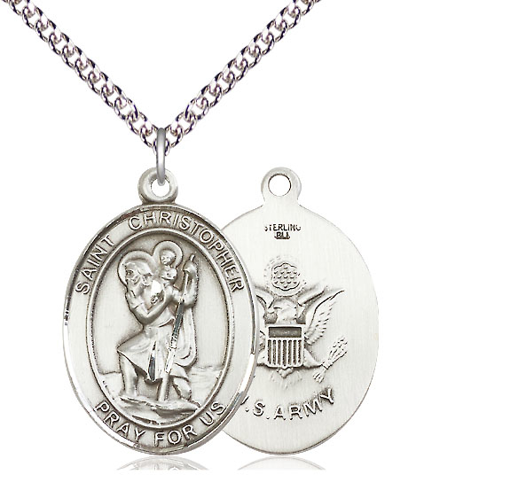 Sterling Silver Saint Christopher Army Pendant on a 24 inch Sterling Silver Heavy Curb chain