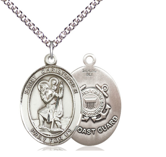 Sterling Silver Saint Christopher Coast Guard Pendant on a 24 inch Sterling Silver Heavy Curb chain