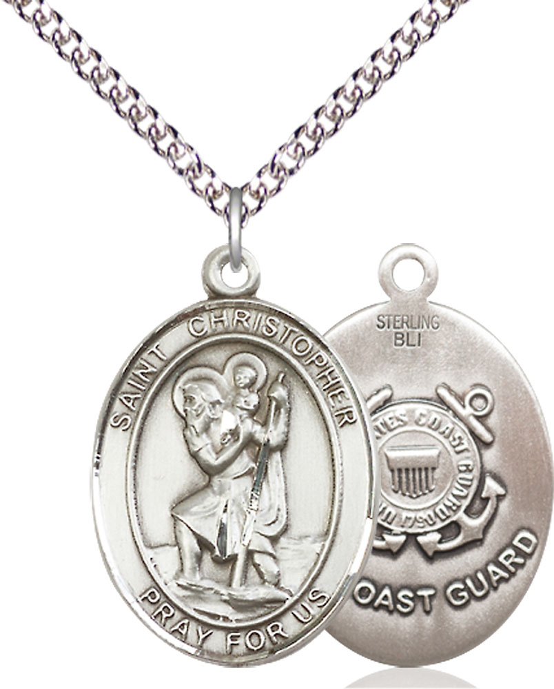 Sterling Silver Saint Christopher Coast Guard Pendant on a 24 inch Sterling Silver Heavy Curb chain