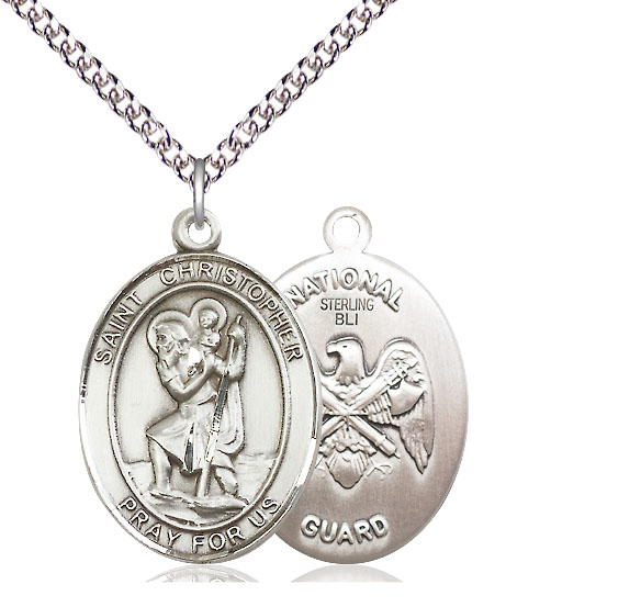 Sterling Silver Saint Christopher National Guard Pendant on a 24 inch Sterling Silver Heavy Curb chain