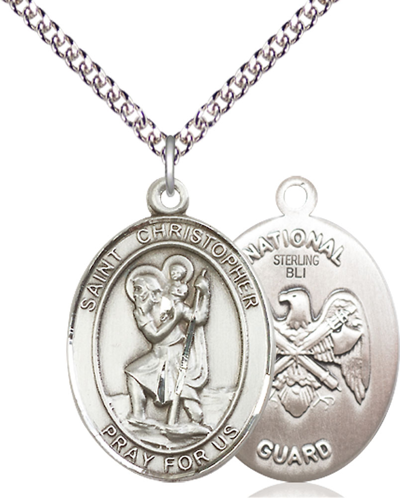 Sterling Silver Saint Christopher National Guard Pendant on a 24 inch Sterling Silver Heavy Curb chain