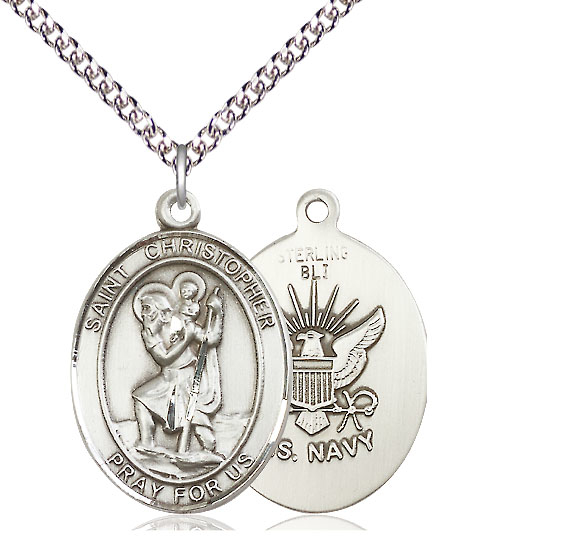 Sterling Silver Saint Christopher Navy Pendant on a 24 inch Sterling Silver Heavy Curb chain