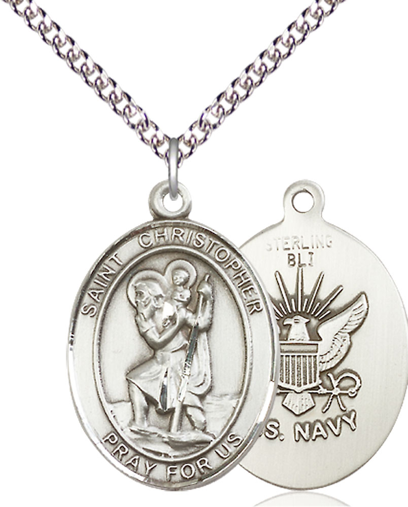 Sterling Silver Saint Christopher Navy Pendant on a 24 inch Sterling Silver Heavy Curb chain