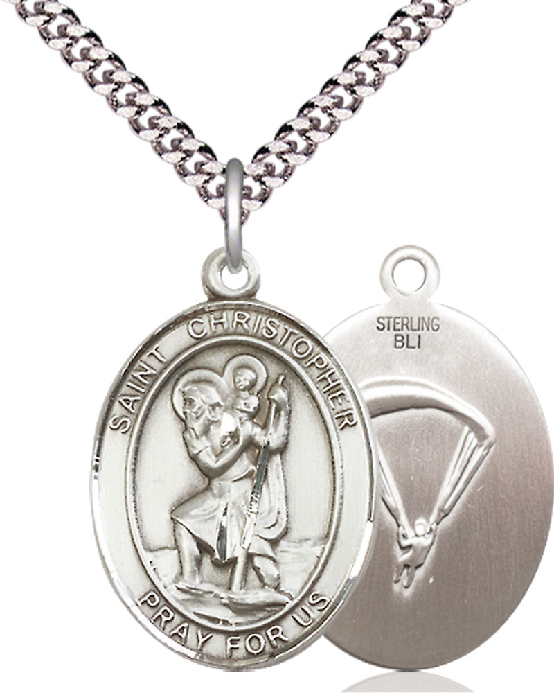 Sterling Silver Saint Christopher Paratrooper Pendant on a 24 inch Light Rhodium Heavy Curb chain