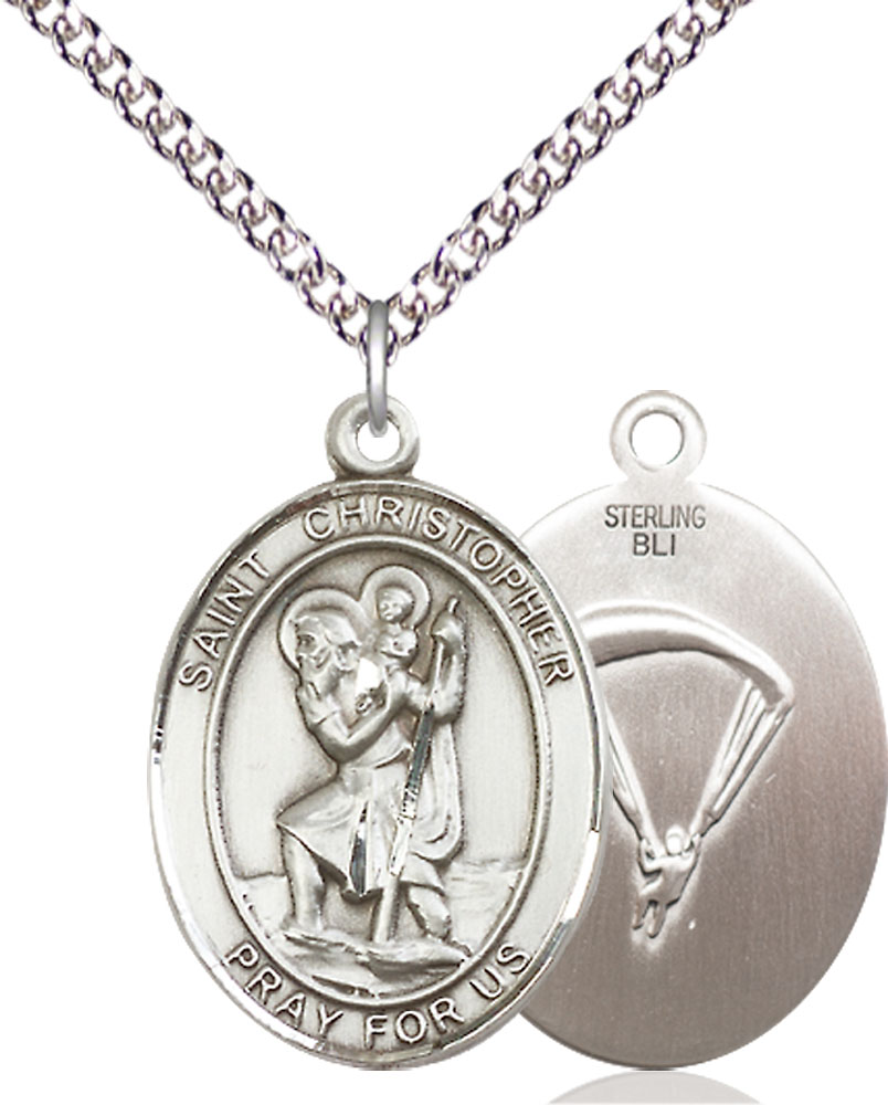 Sterling Silver Saint Christopher Paratrooper Pendant on a 24 inch Sterling Silver Heavy Curb chain