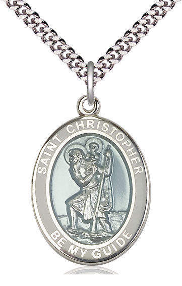 Sterling Silver Saint Christopher Pendant on a 24 inch Light Rhodium Heavy Curb chain