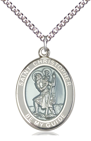 Sterling Silver Saint Christopher Pendant on a 24 inch Sterling Silver Heavy Curb chain