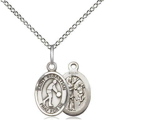 Sterling Silver Saint Sebastian Basketball Pendant on a 18 inch Sterling Silver Light Curb chain