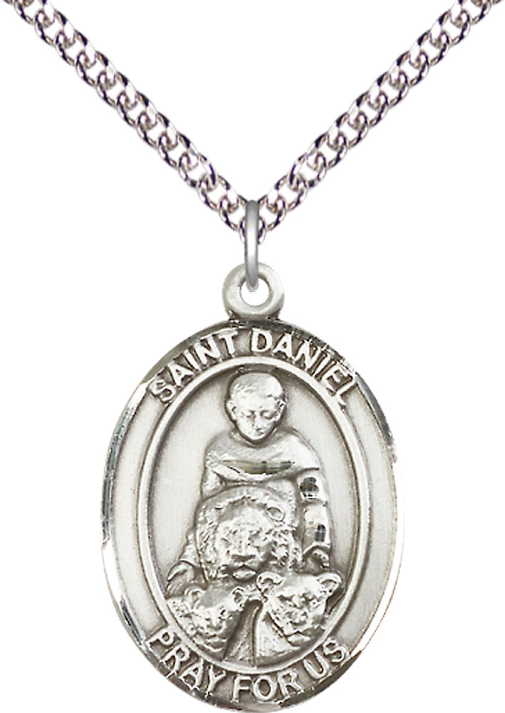 Sterling Silver Saint Daniel Pendant on a 24 inch Sterling Silver Heavy Curb chain