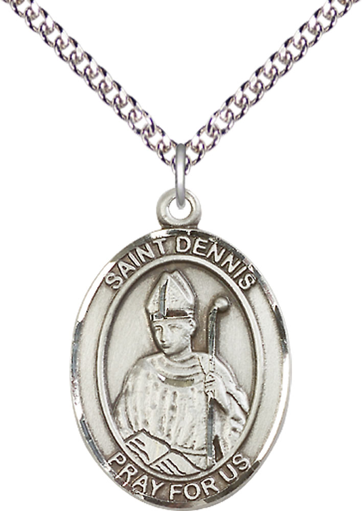 Sterling Silver Saint Dennis Pendant on a 24 inch Sterling Silver Heavy Curb chain