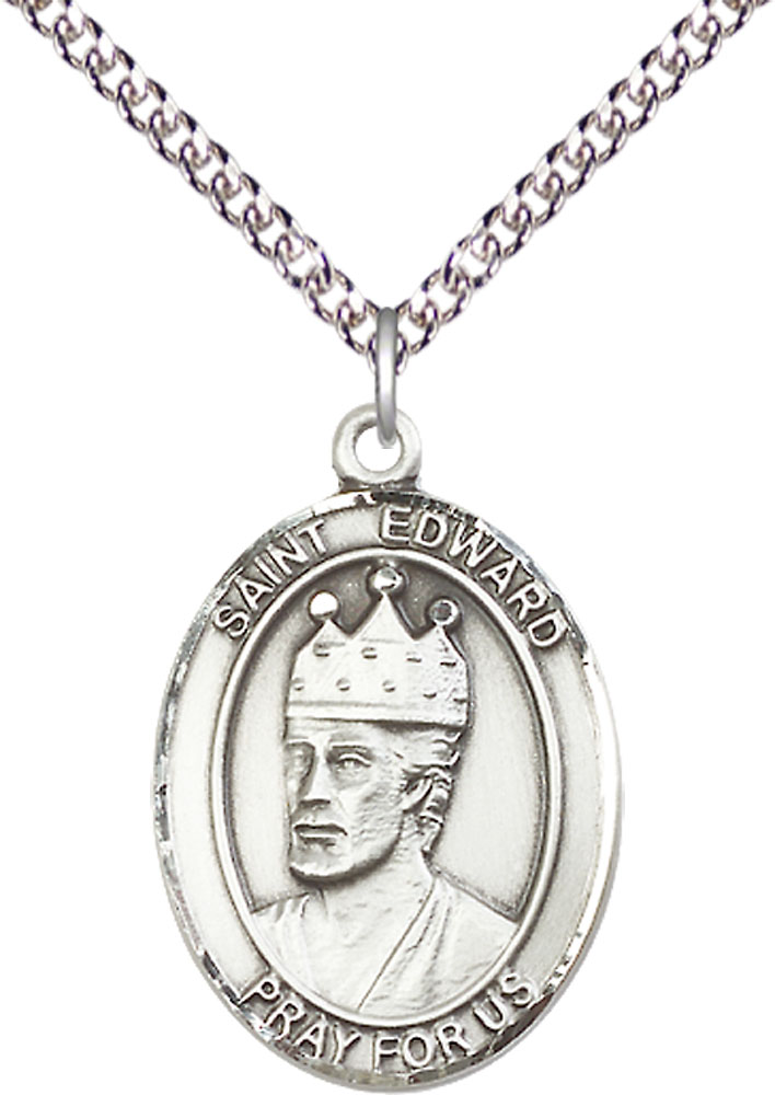 Sterling Silver Saint Edward the Confessor Pendant on a 24 inch Sterling Silver Heavy Curb chain