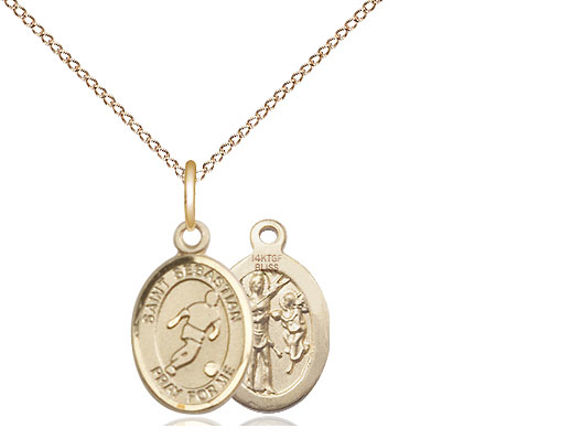 14kt Gold Filled Saint Sebastian Soccer Pendant on a 18 inch Gold Filled Light Curb chain