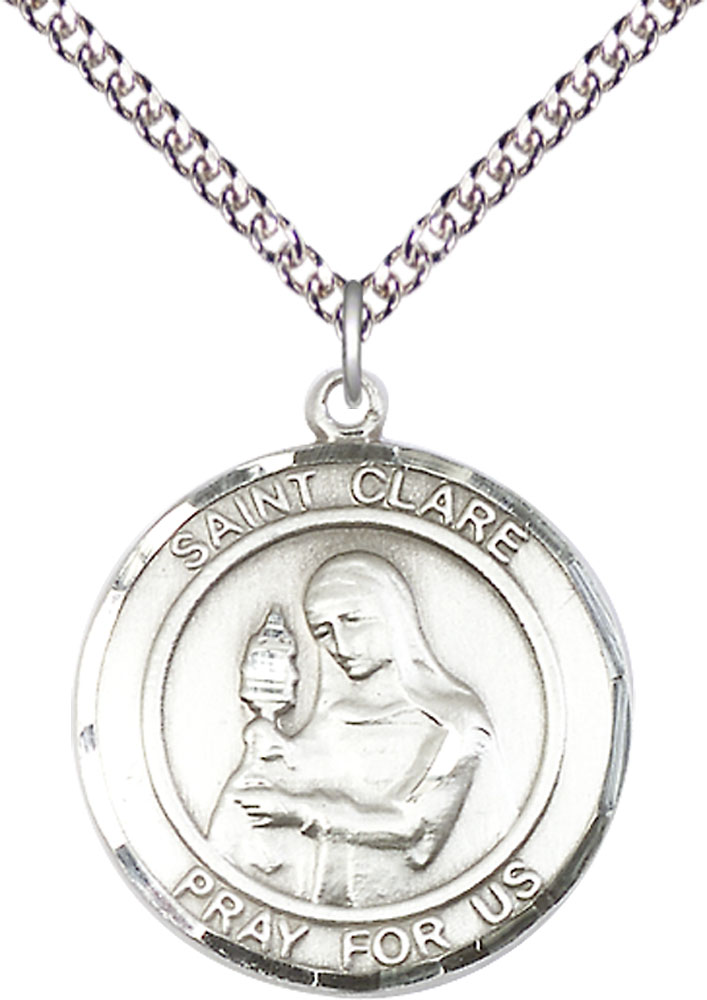 Sterling Silver Saint Clare of Assisi Pendant on a 24 inch Sterling Silver Heavy Curb chain