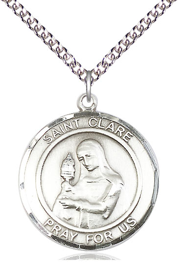 Sterling Silver Saint Clare of Assisi Pendant on a 24 inch Sterling Silver Heavy Curb chain