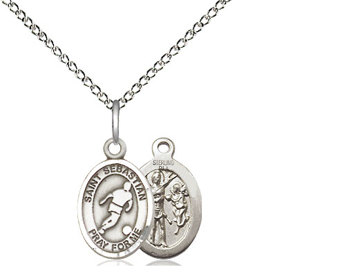 Sterling Silver Saint Sebastian Soccer Pendant on a 18 inch Sterling Silver Light Curb chain