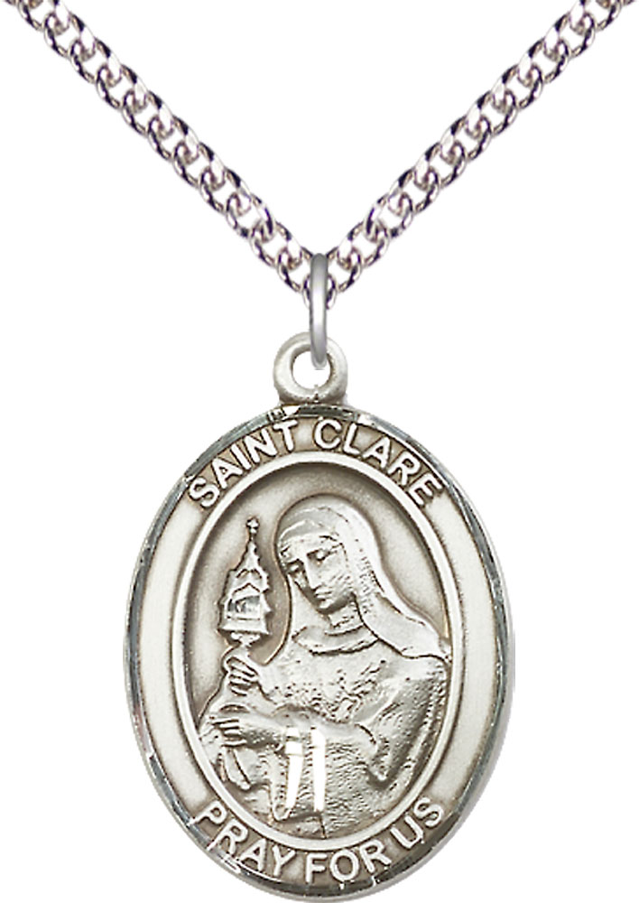 Sterling Silver Saint Clare of Assisi Pendant on a 24 inch Sterling Silver Heavy Curb chain