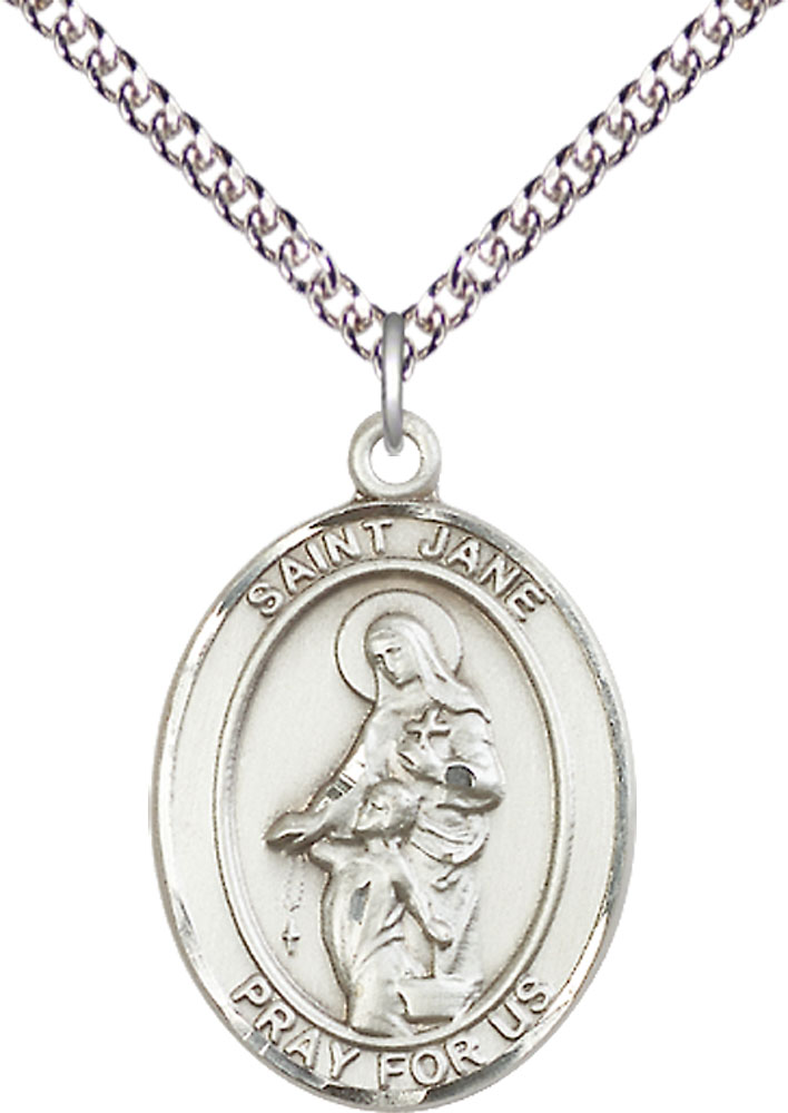 Sterling Silver Saint Jane of Valois Pendant on a 24 inch Sterling Silver Heavy Curb chain