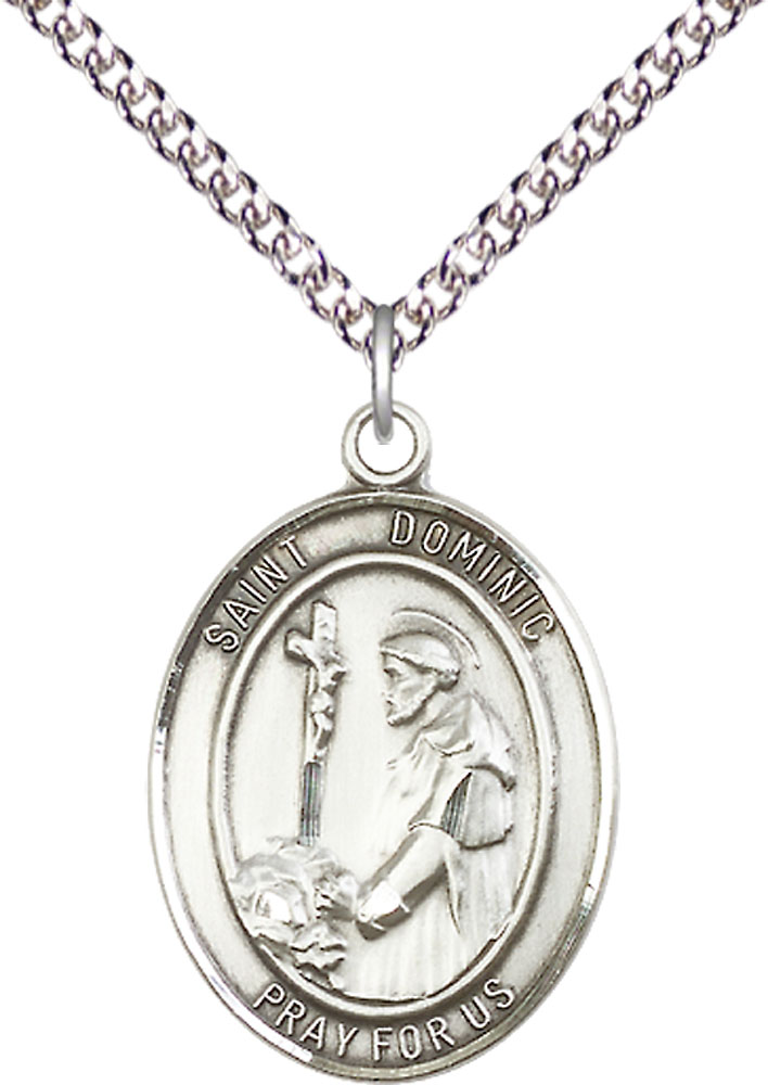 Sterling Silver Saint Dominic de Guzman Pendant on a 24 inch Sterling Silver Heavy Curb chain