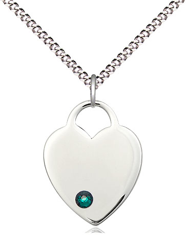 Sterling Silver Heart Pendant with a 3mm Emerald Swarovski stone on a 18 inch Light Rhodium Light Curb chain