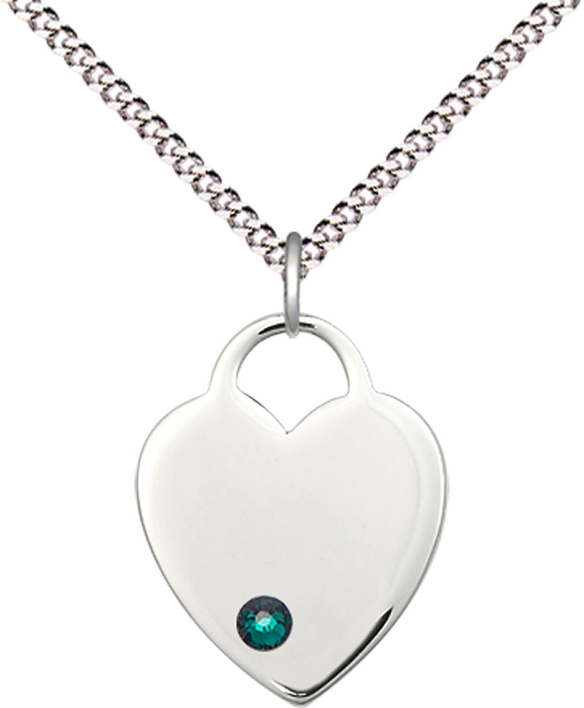 Sterling Silver Heart Pendant with a 3mm Emerald Swarovski stone on a 18 inch Light Rhodium Light Curb chain