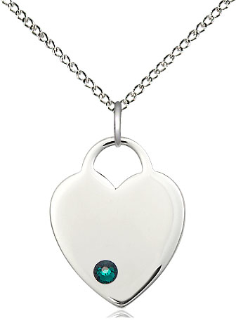 Sterling Silver Heart Pendant with a 3mm Emerald Swarovski stone on a 18 inch Sterling Silver Light Curb chain