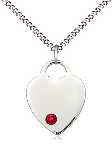 Sterling Silver Heart Pendant with a 3mm Ruby Swarovski stone on a 18 inch Light Rhodium Light Curb chain