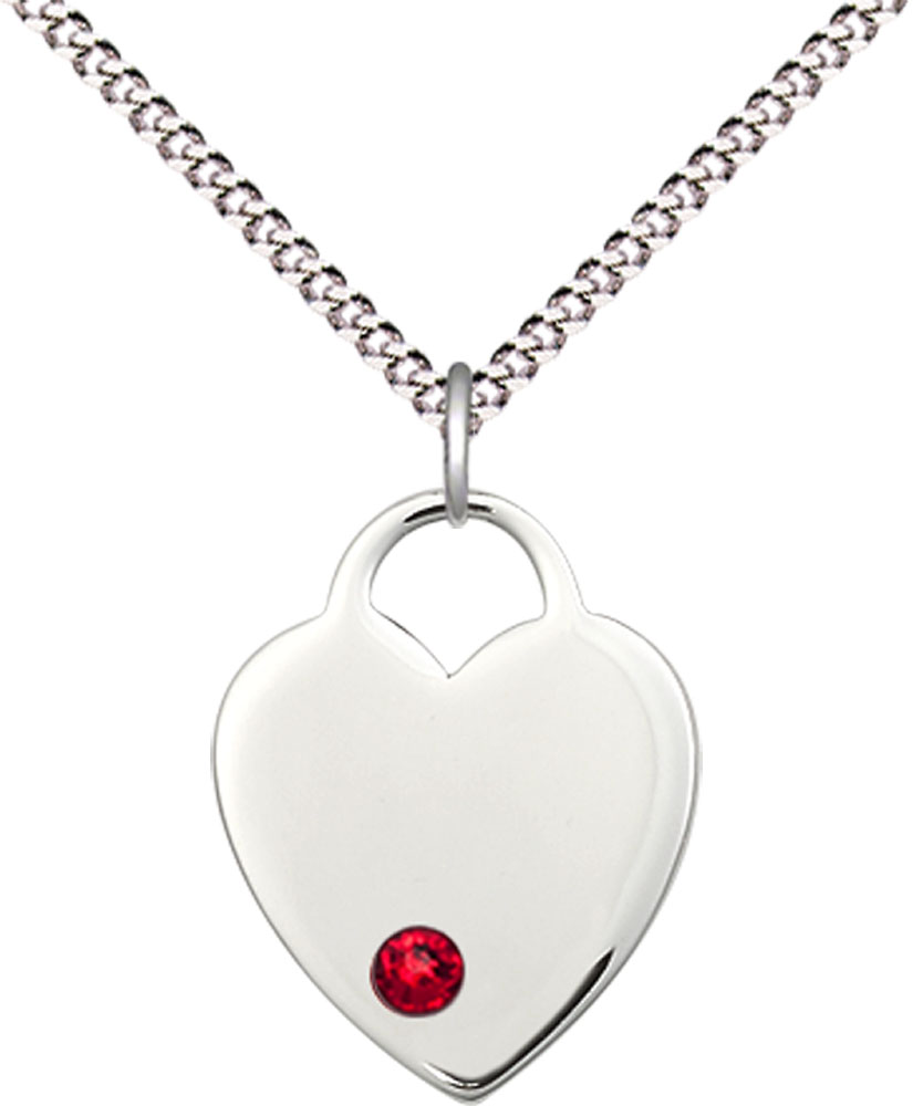 Sterling Silver Heart Pendant with a 3mm Ruby Swarovski stone on a 18 inch Light Rhodium Light Curb chain