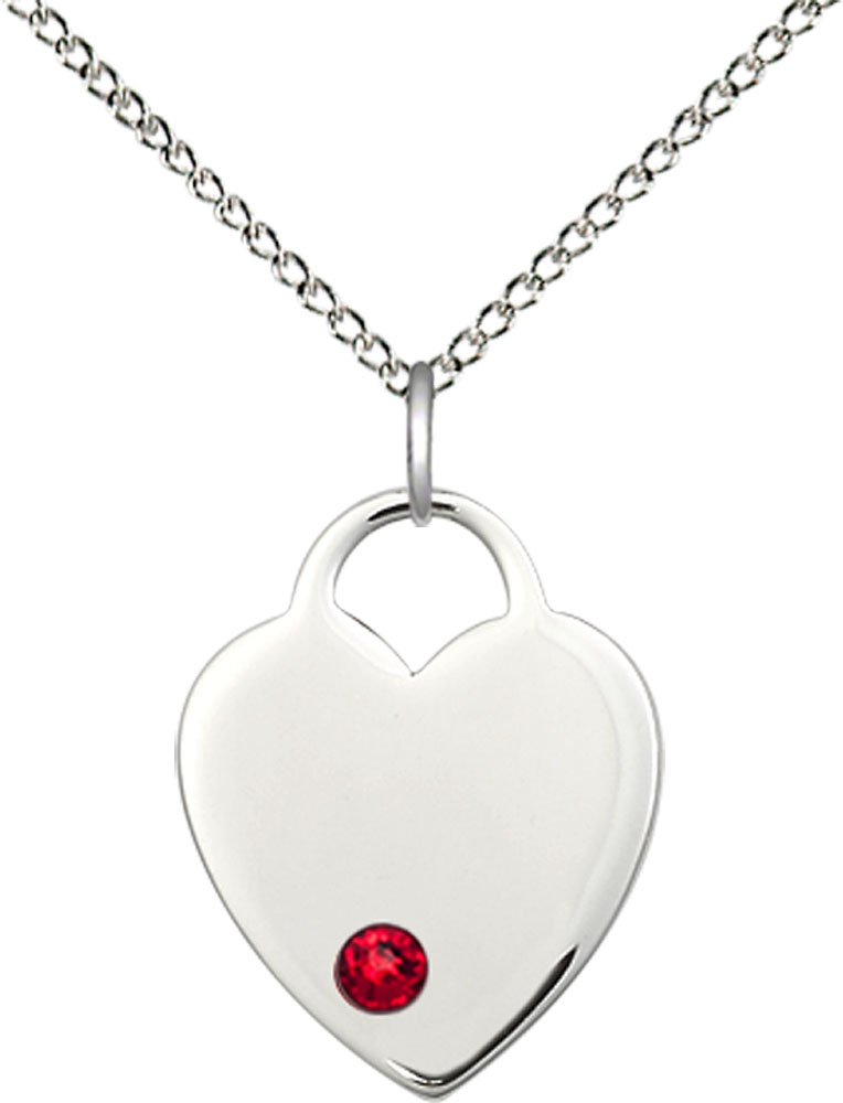 Sterling Silver Heart Pendant with a 3mm Ruby Swarovski stone on a 18 inch Sterling Silver Light Curb chain