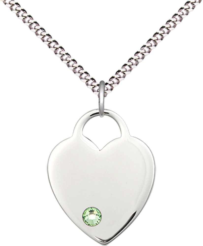 Sterling Silver Heart Pendant with a 3mm Peridot Swarovski stone on a 18 inch Light Rhodium Light Curb chain