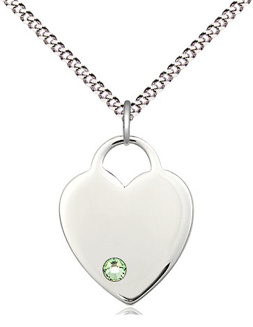 Sterling Silver Heart Pendant with a 3mm Peridot Swarovski stone on a 18 inch Light Rhodium Light Curb chain