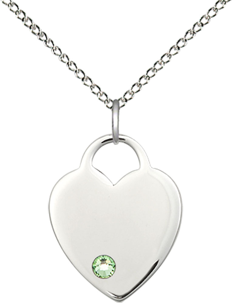 Sterling Silver Heart Pendant with a 3mm Peridot Swarovski stone on a 18 inch Sterling Silver Light Curb chain