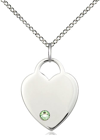 Sterling Silver Heart Pendant with a 3mm Peridot Swarovski stone on a 18 inch Sterling Silver Light Curb chain