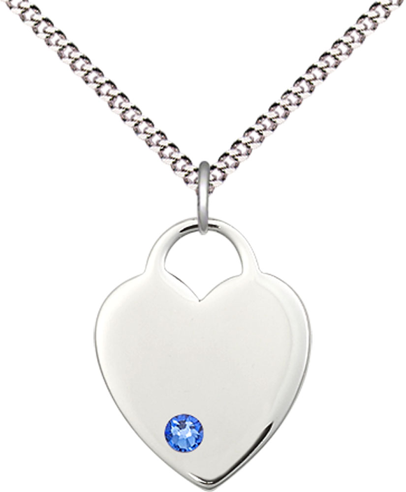 Sterling Silver Heart Pendant with a 3mm Sapphire Swarovski stone on a 18 inch Light Rhodium Light Curb chain