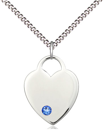 Sterling Silver Heart Pendant with a 3mm Sapphire Swarovski stone on a 18 inch Light Rhodium Light Curb chain