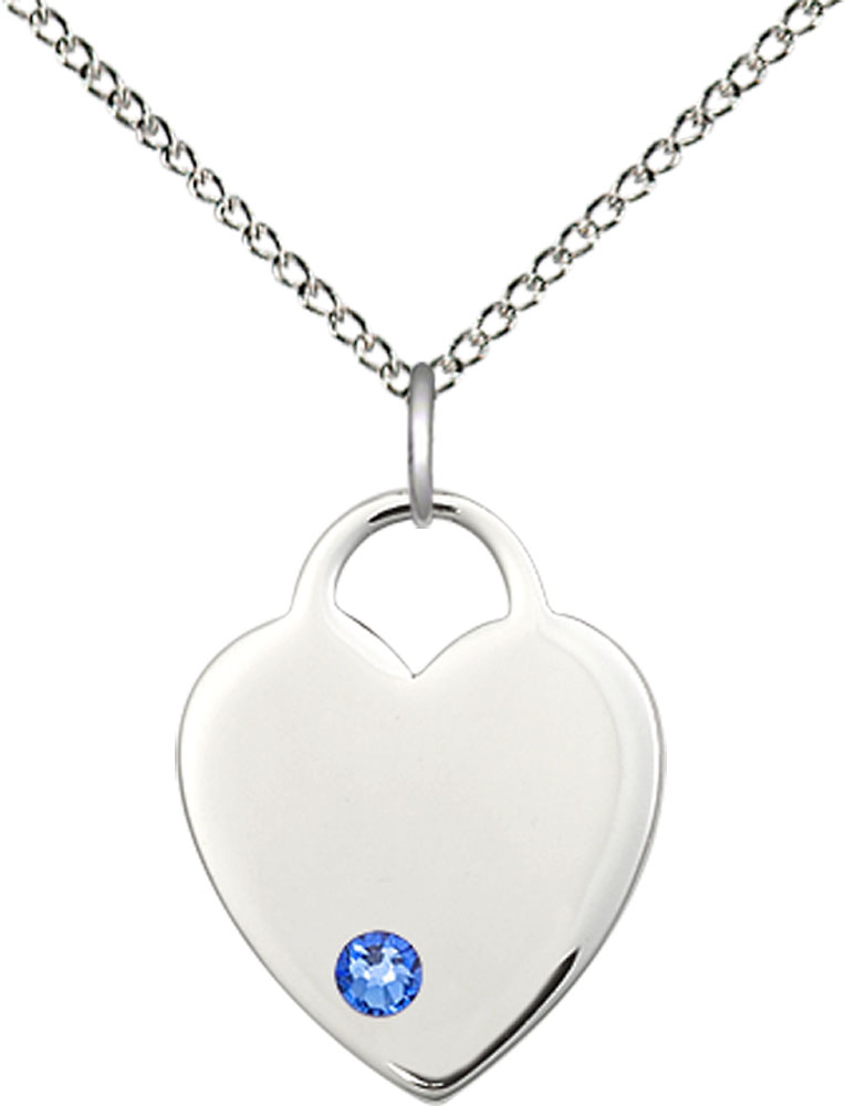 Sterling Silver Heart Pendant with a 3mm Sapphire Swarovski stone on a 18 inch Sterling Silver Light Curb chain