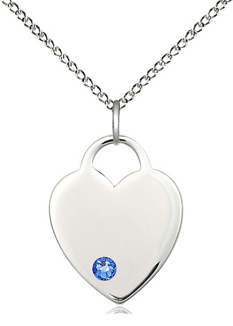Sterling Silver Heart Pendant with a 3mm Sapphire Swarovski stone on a 18 inch Sterling Silver Light Curb chain