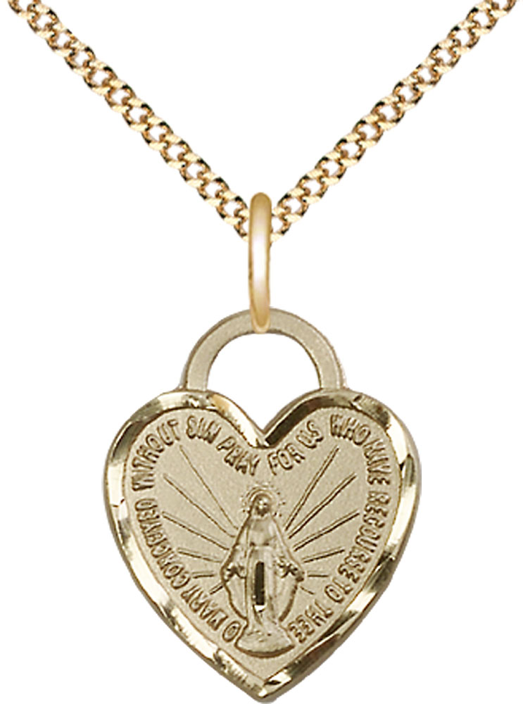 14kt Gold Filled Miraculous Heart Pendant on a 18 inch Gold Plate Light Curb chain