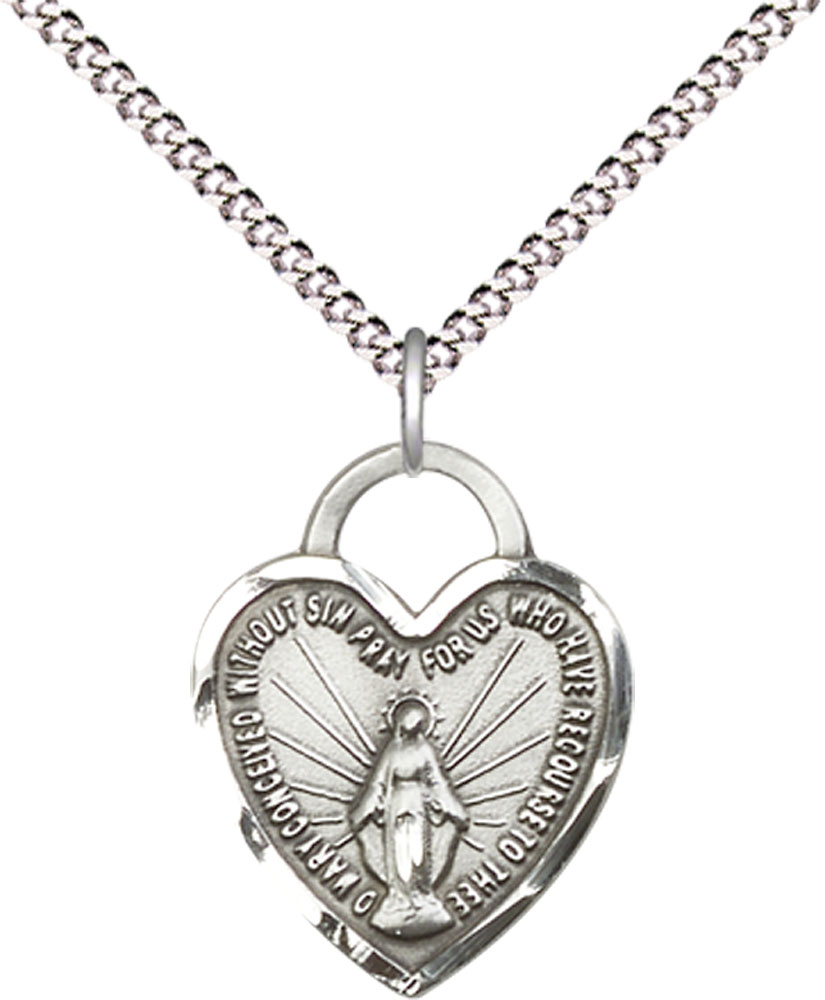 Sterling Silver Miraculous Heart Pendant on a 18 inch Light Rhodium Light Curb chain