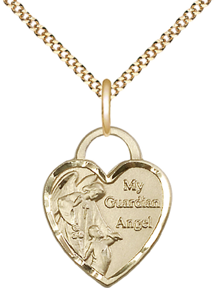 14kt Gold Filled Guardian Angel Heart Pendant on a 18 inch Gold Plate Light Curb chain