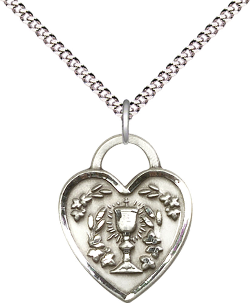 Sterling Silver Communion Heart Pendant on a 18 inch Light Rhodium Light Curb chain