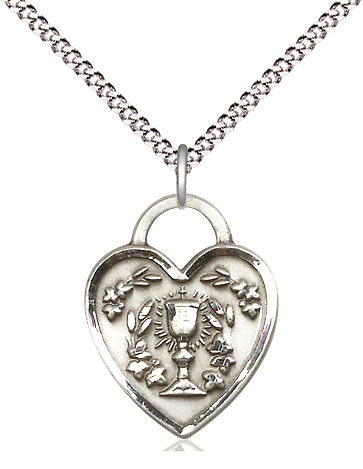 Sterling Silver Communion Heart Pendant on a 18 inch Light Rhodium Light Curb chain