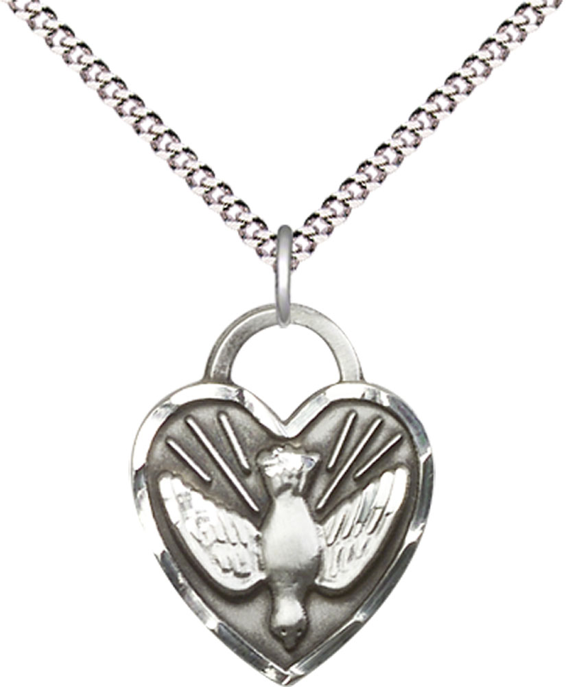 Sterling Silver Confirmation Heart Pendant on a 18 inch Light Rhodium Light Curb chain