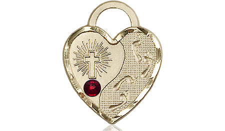 14kt Gold Filled Footprints Heart Medal with a 3mm Garnet Swarovski stone