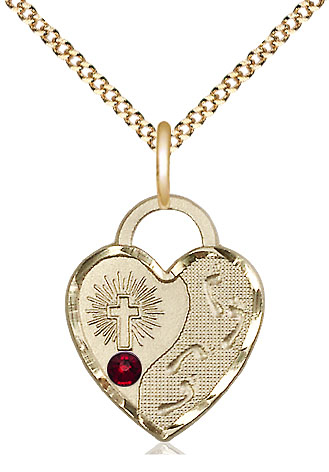 14kt Gold Filled Footprints Heart Pendant with a 3mm Garnet Swarovski stone on a 18 inch Gold Plate Light Curb chain