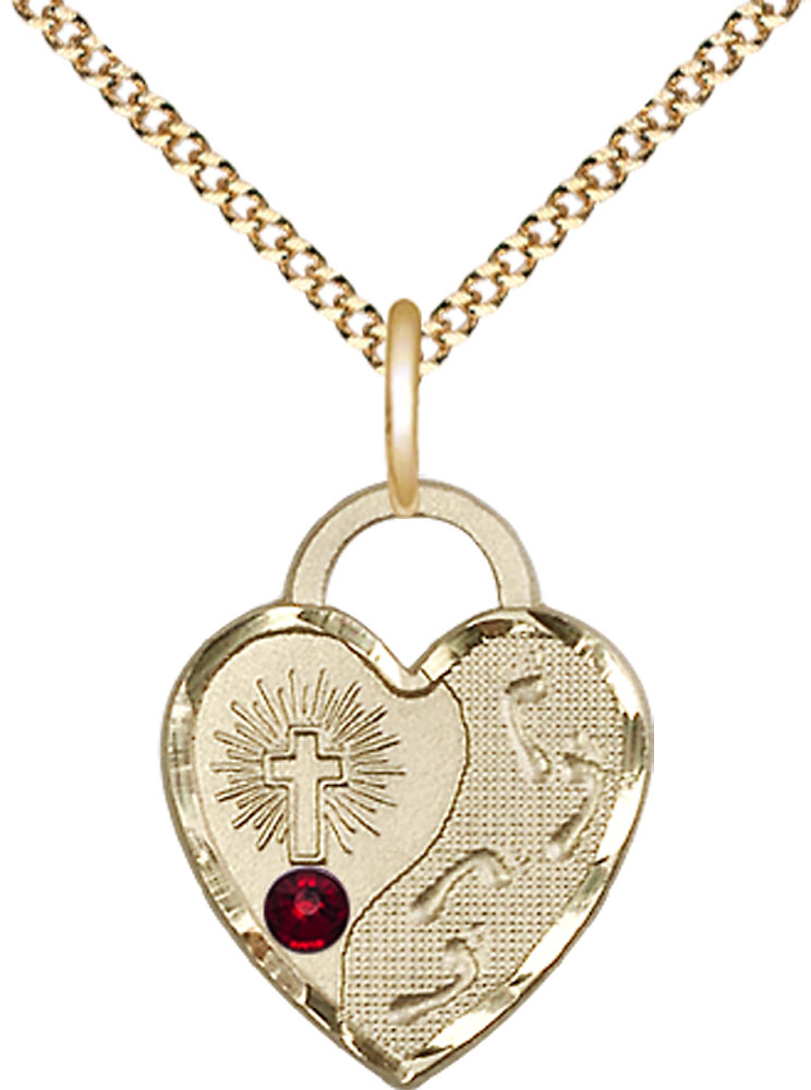 14kt Gold Filled Footprints Heart Pendant with a 3mm Garnet Swarovski stone on a 18 inch Gold Plate Light Curb chain